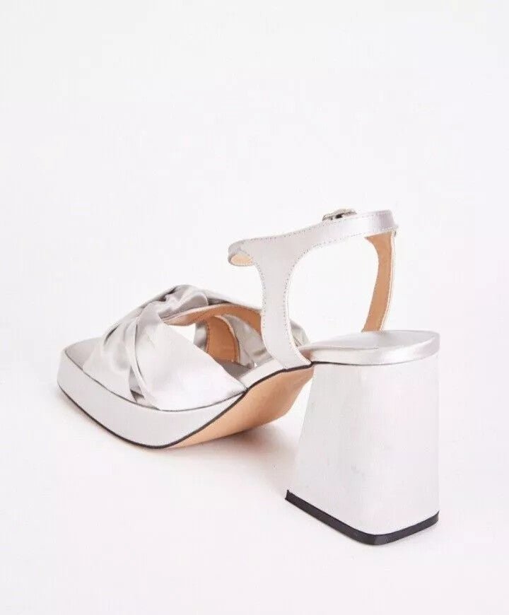 Silk Sateen Wide E Fit Chunky High Heel Silver - Renna Clothing