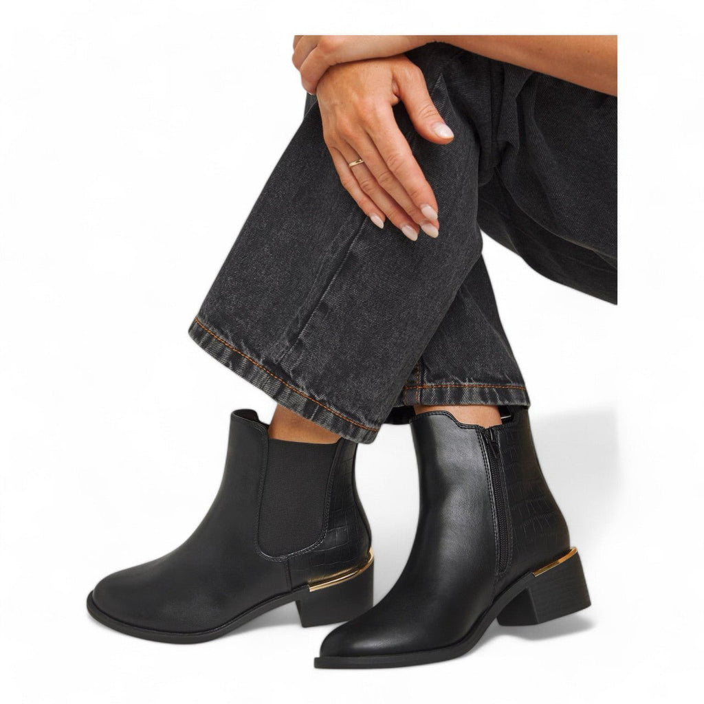 Womens Extra Wide Fit Heeled Ankle Boots Black - Renna Clothing