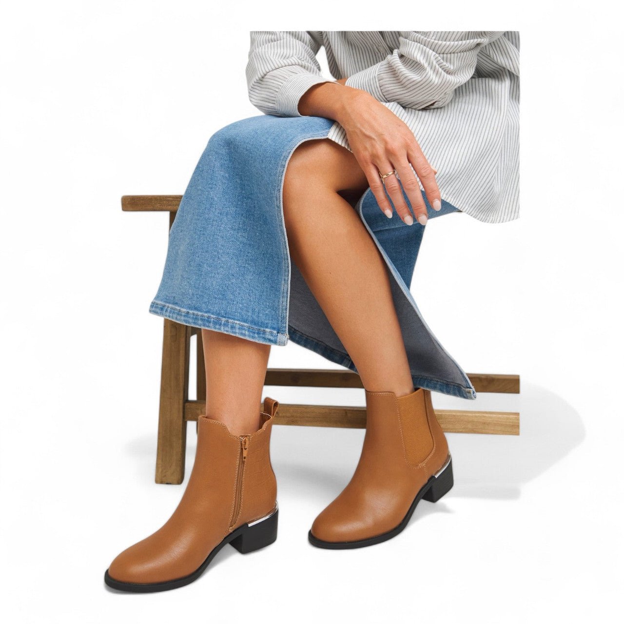Womens Extra Wide Fit Heeled Ankle Boots Tan - Renna Clothing