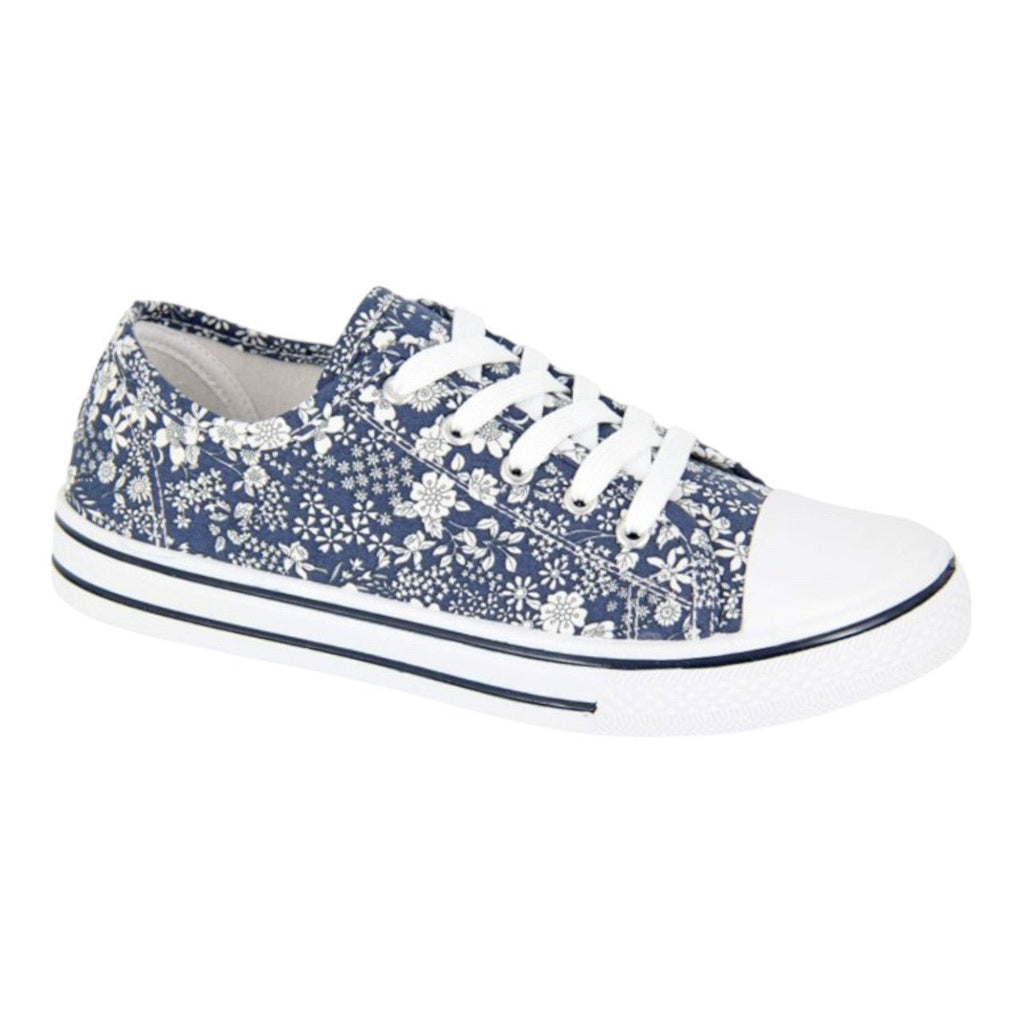 Women's Floral Lace Up Canvas Plimsolls Blue - Renna Clothing
