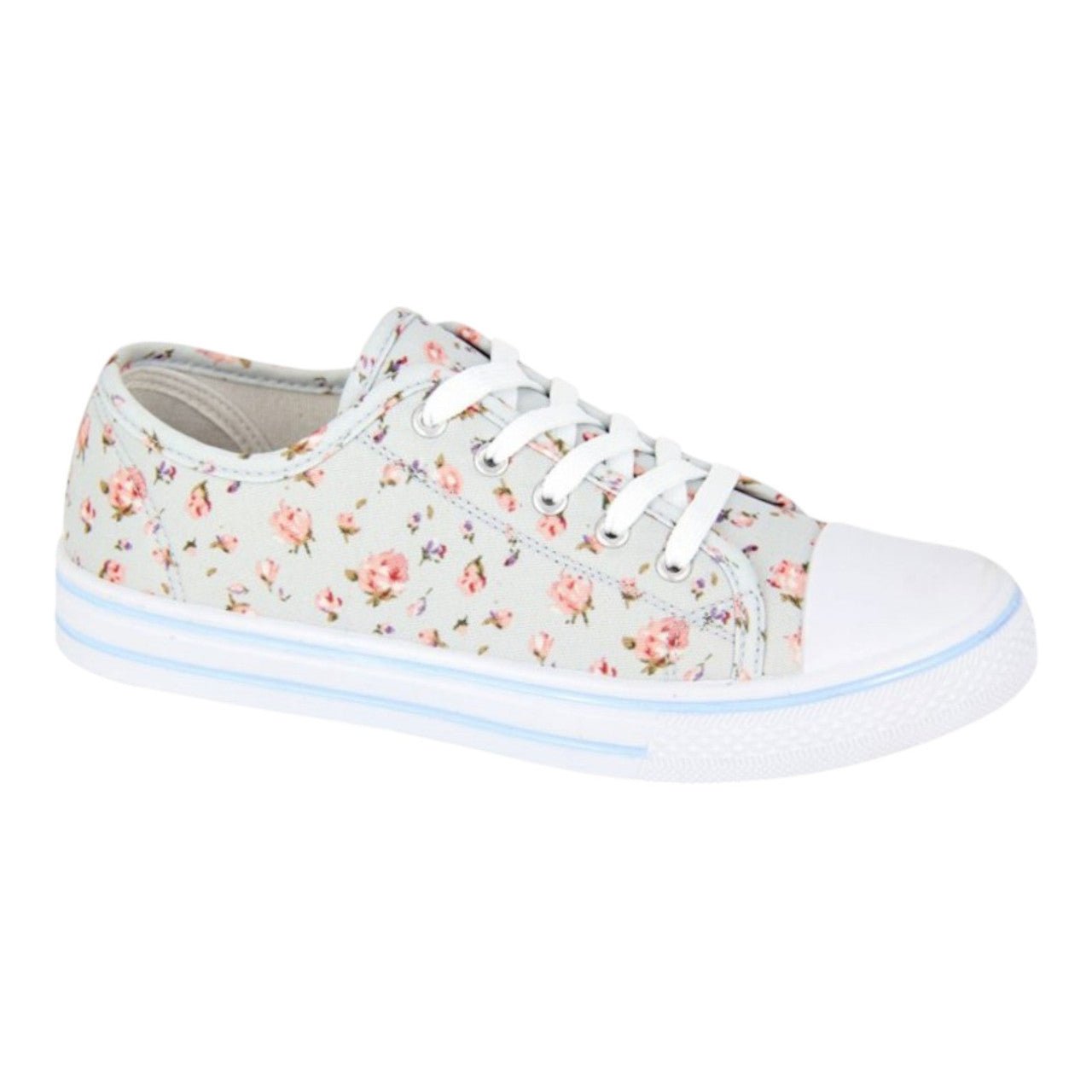 Women's Floral Lace Up Canvas Plimsolls Grey - Renna Clothing