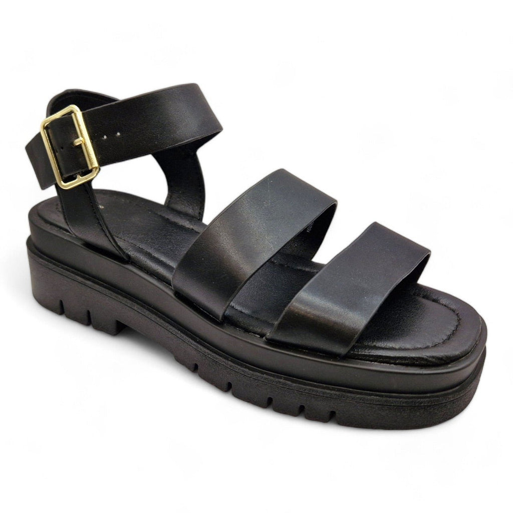 Women's Three Strap Gladiator E Wide Fit Sandals Black - Renna Clothing
