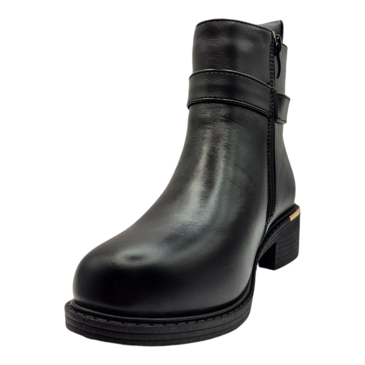 Women's Wide Fit Ankle Boot Gold Zip Black - Renna Clothing