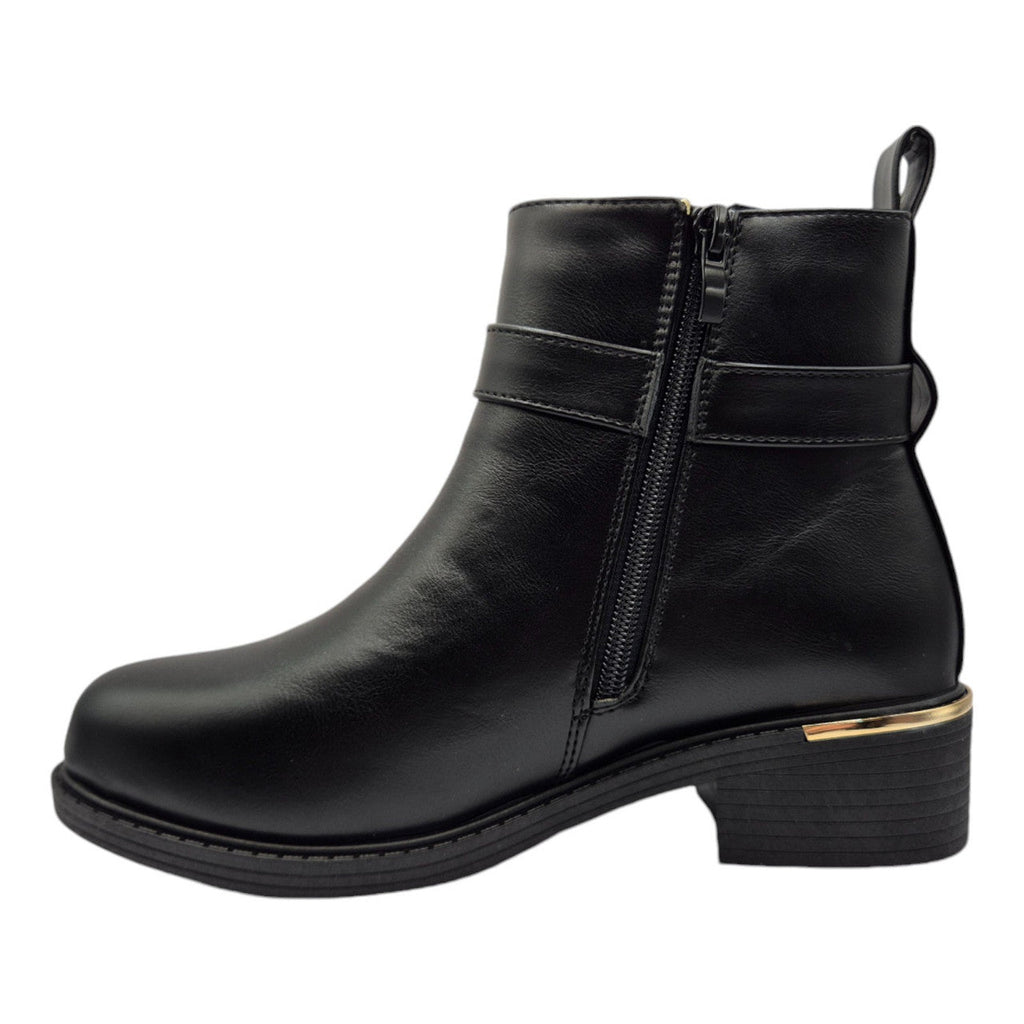 Women's Wide Fit Ankle Boot Gold Zip Black - Renna Clothing