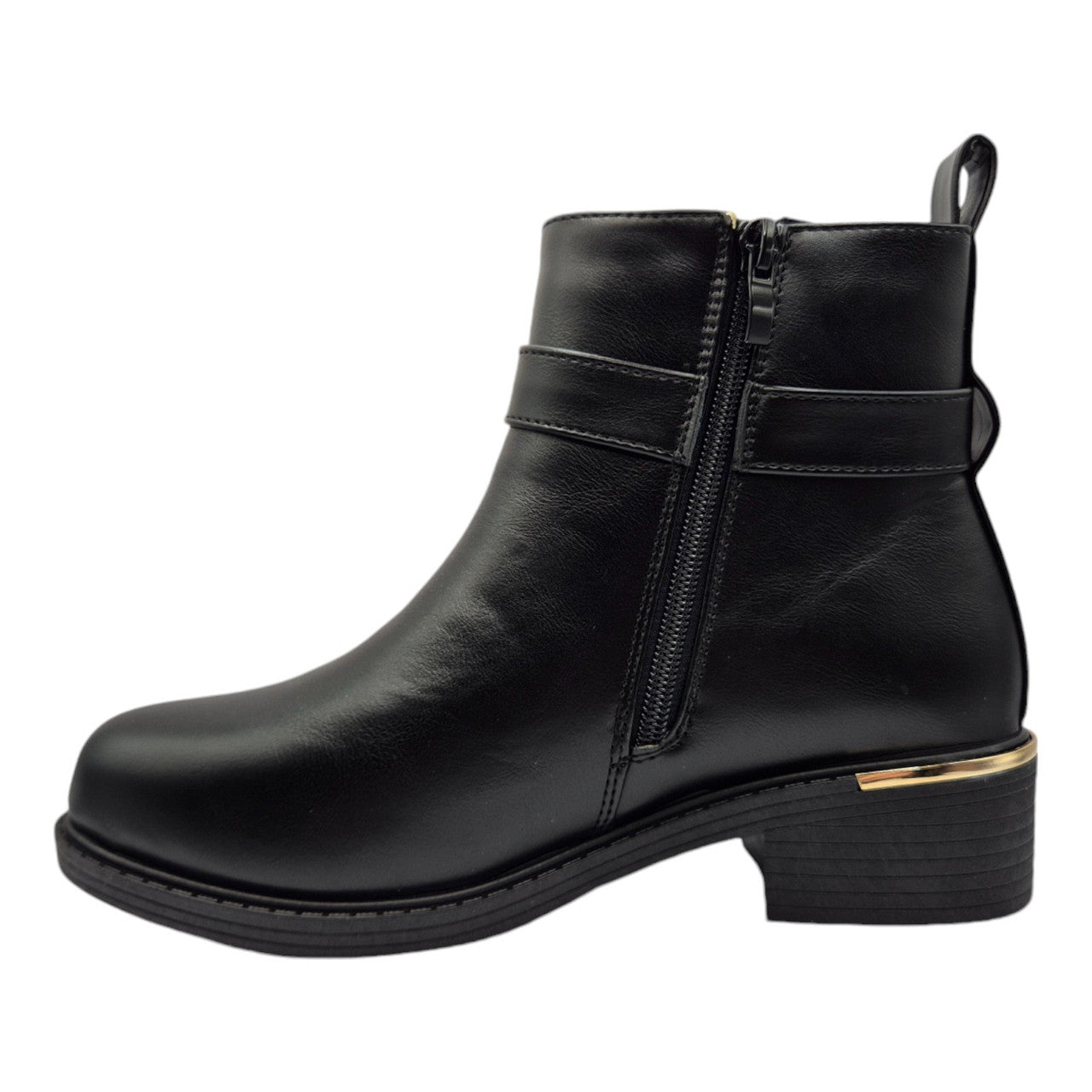 Women's Wide Fit Ankle Boot Gold Zip Black - Renna Clothing