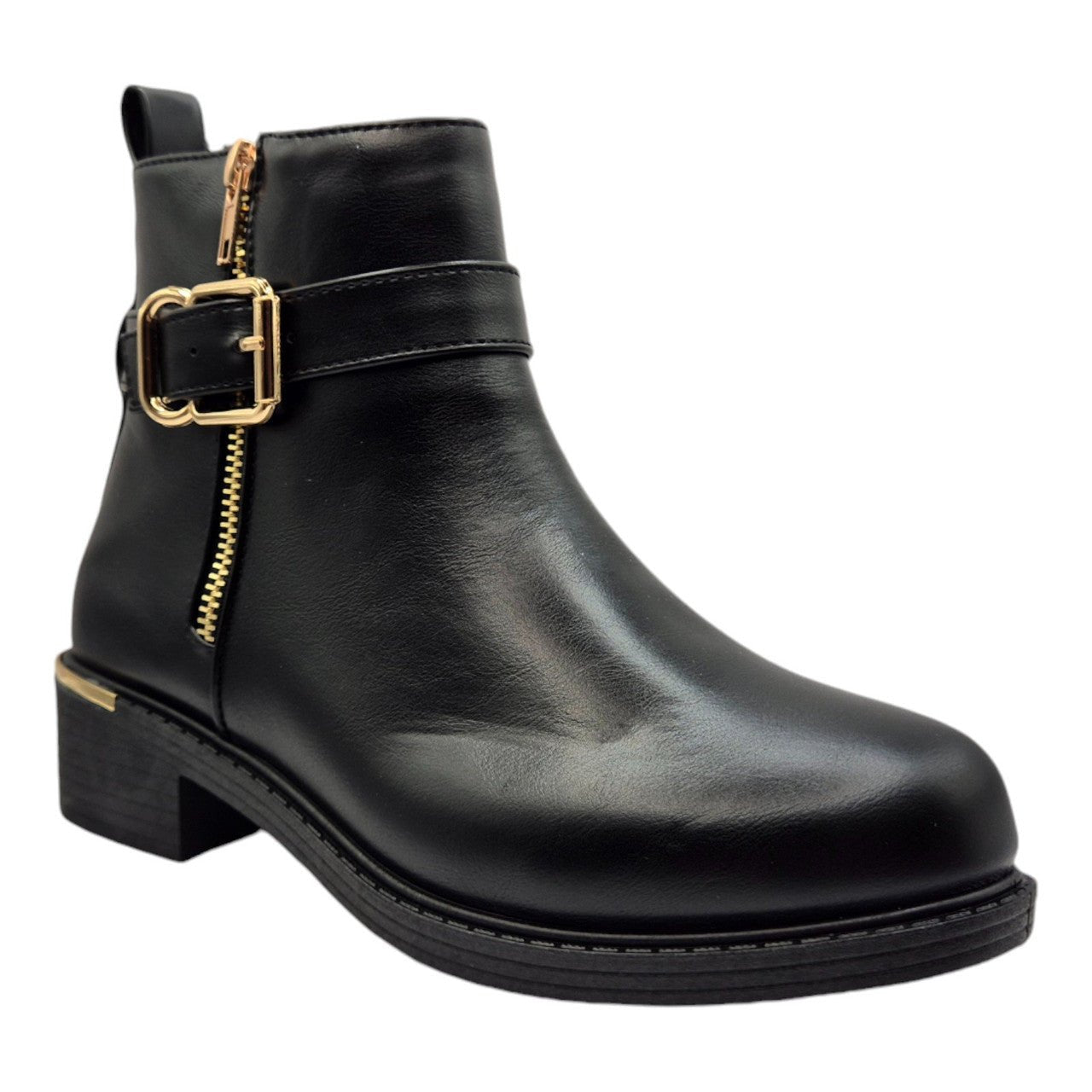 Women's Wide Fit Ankle Boot Gold Zip Black - Renna Clothing