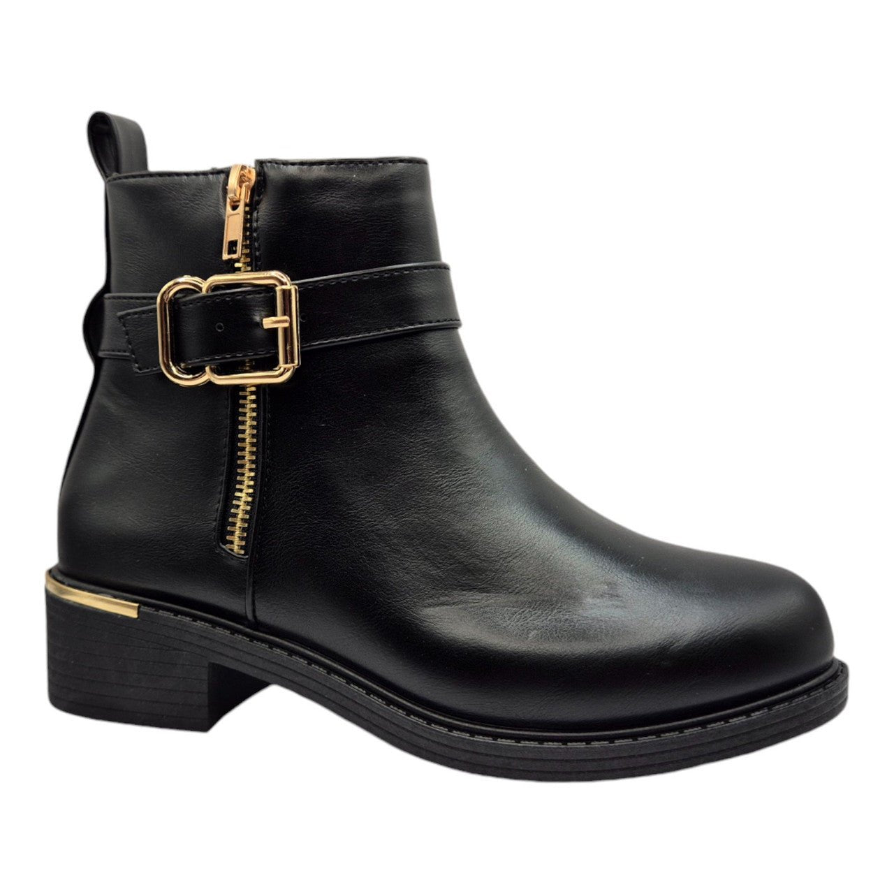 Women's Wide Fit Ankle Boot Gold Zip Black - Renna Clothing