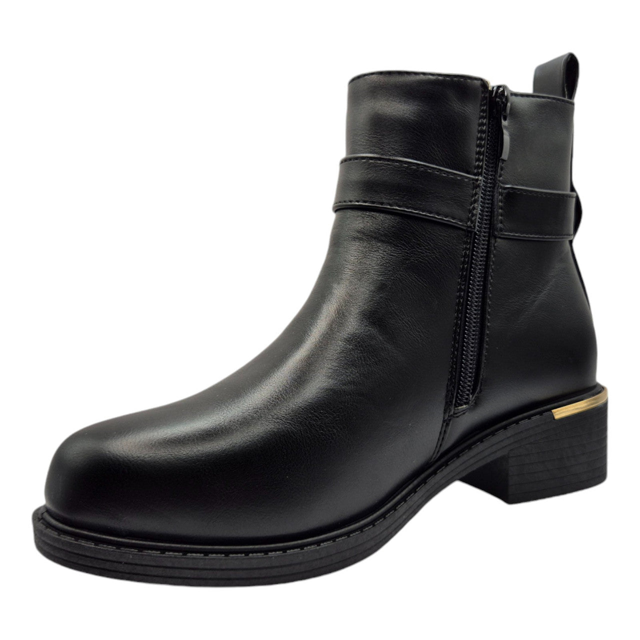 Women's Wide Fit Ankle Boot Gold Zip Black - Renna Clothing