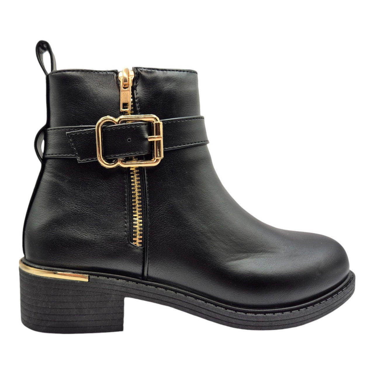 Women's Wide Fit Ankle Boot Gold Zip Black - Renna Clothing