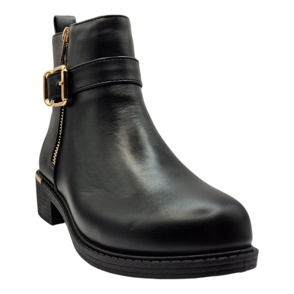 Women's Wide Fit Ankle Boot Gold Zip Black - Renna Clothing