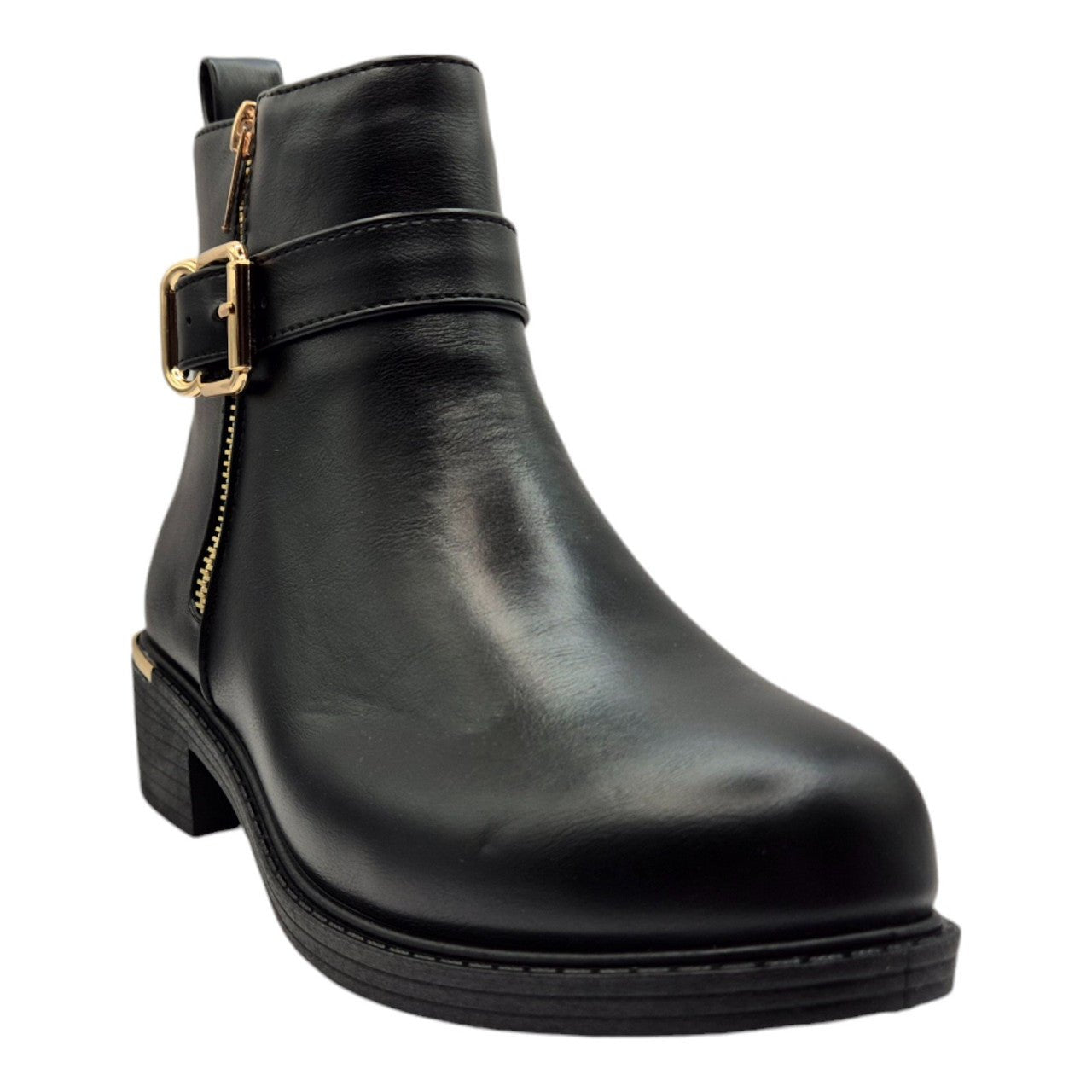 Women's Wide Fit Ankle Boot Gold Zip Black - Renna Clothing