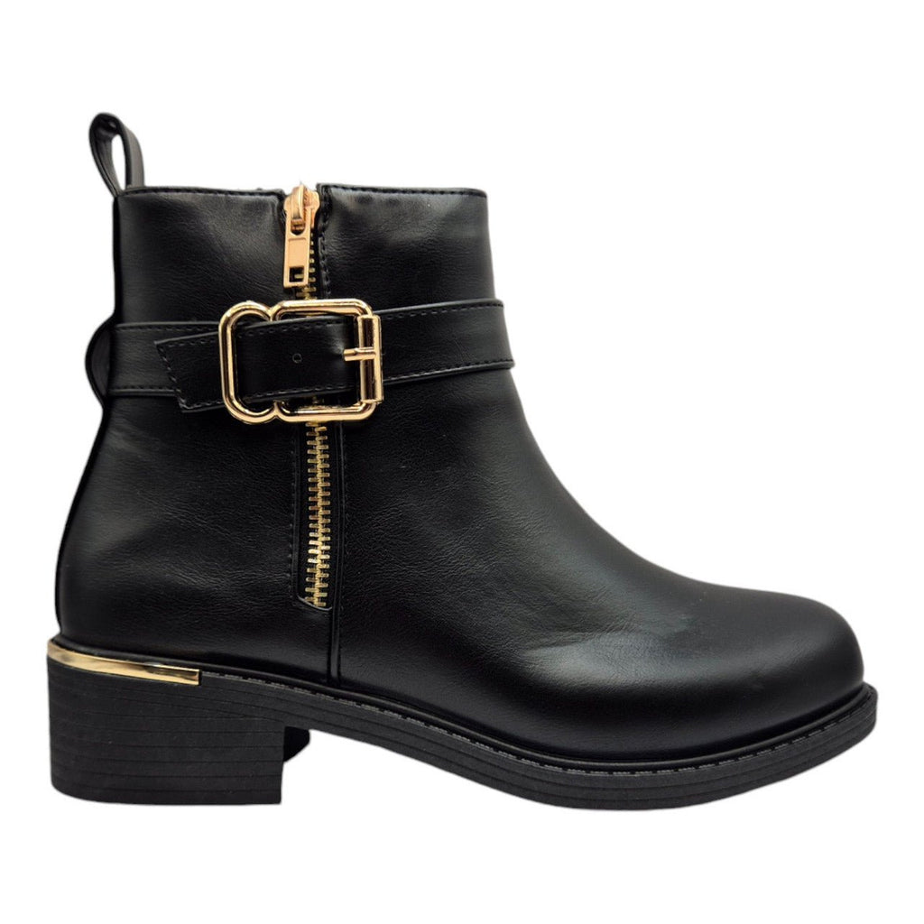 Women's Wide Fit Ankle Boot Gold Zip Black - Renna Clothing