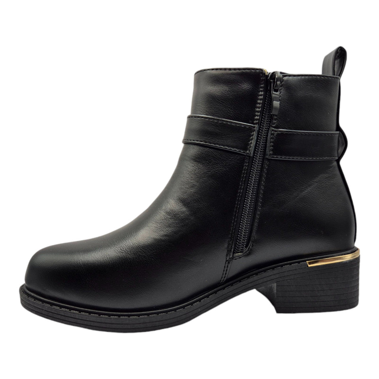 Women's Wide Fit Ankle Boot Gold Zip Black - Renna Clothing