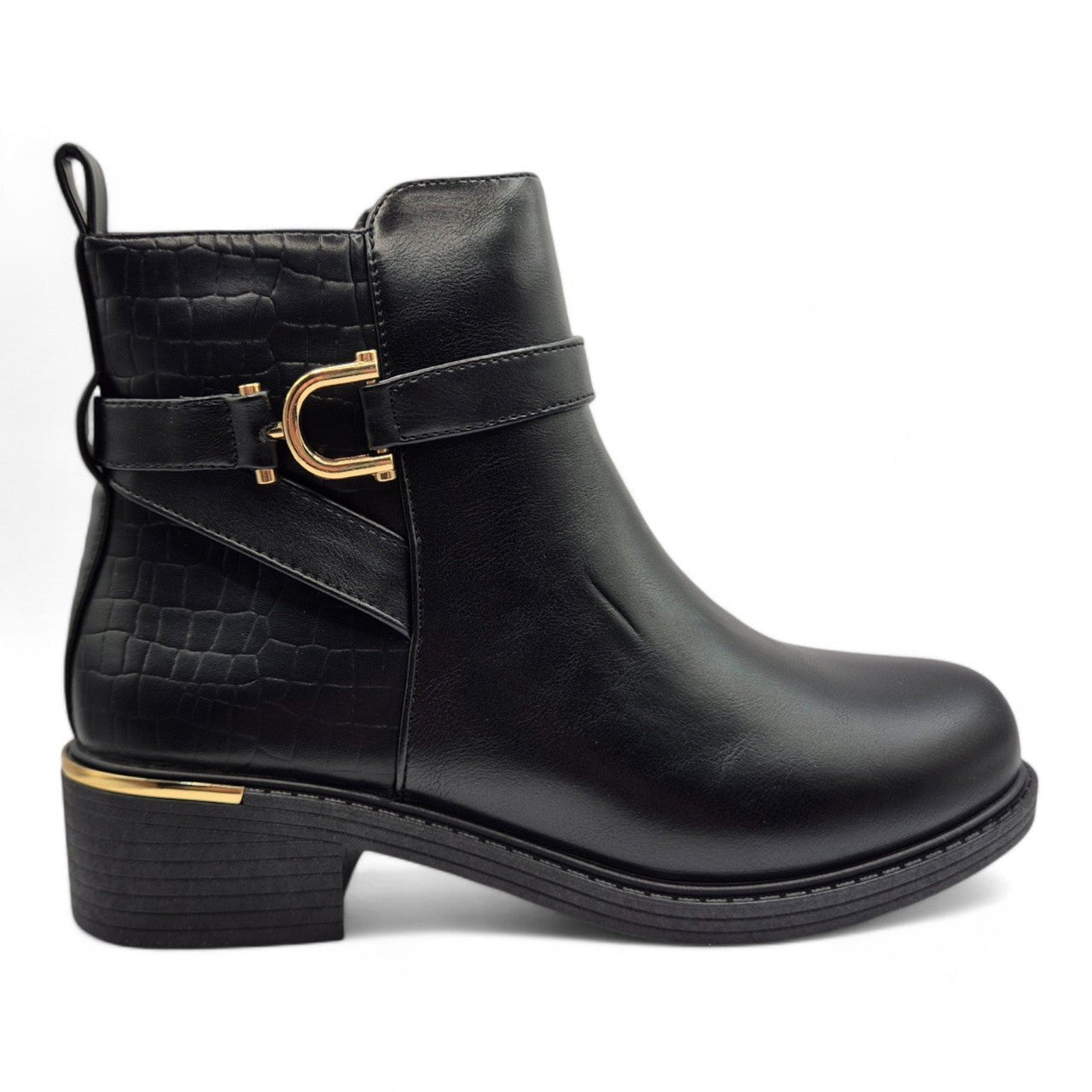 Women's Wide Fit Ankle Boot Gold Zip Contrast Black - Renna Clothing