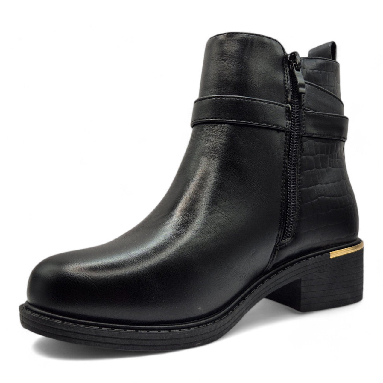 Women's Wide Fit Ankle Boot Gold Zip Contrast Black - Renna Clothing