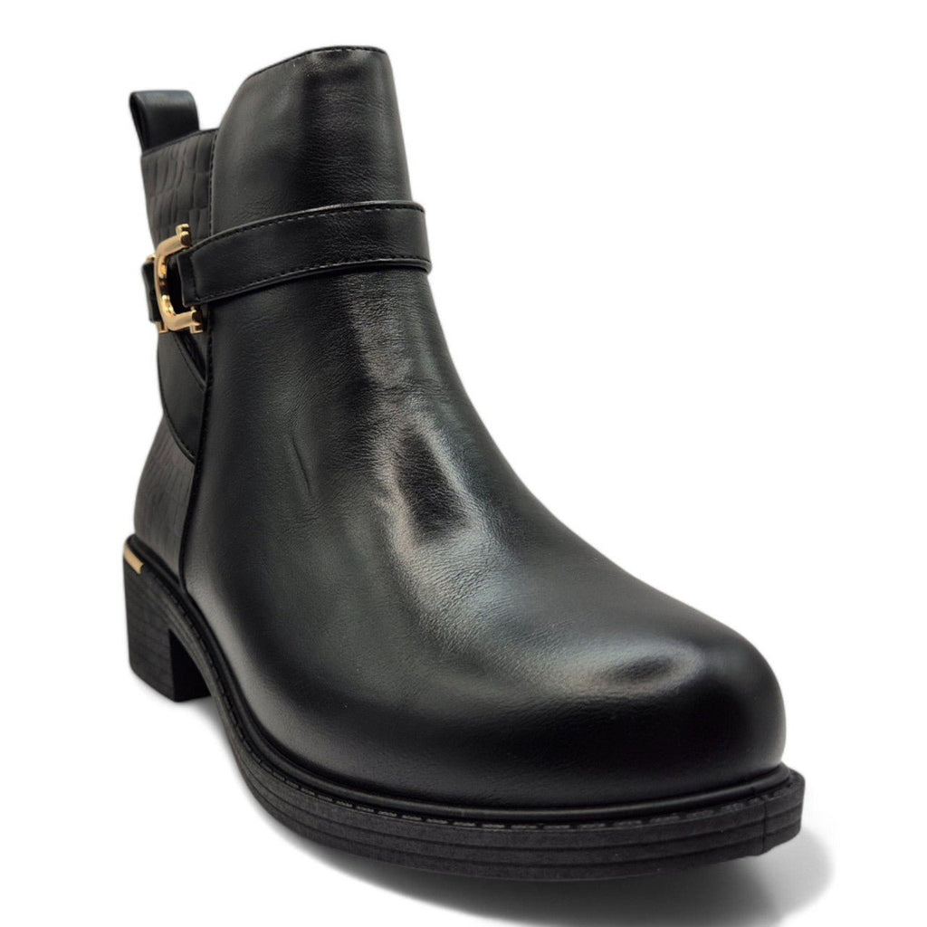 Women's Wide Fit Ankle Boot Gold Zip Contrast Black - Renna Clothing