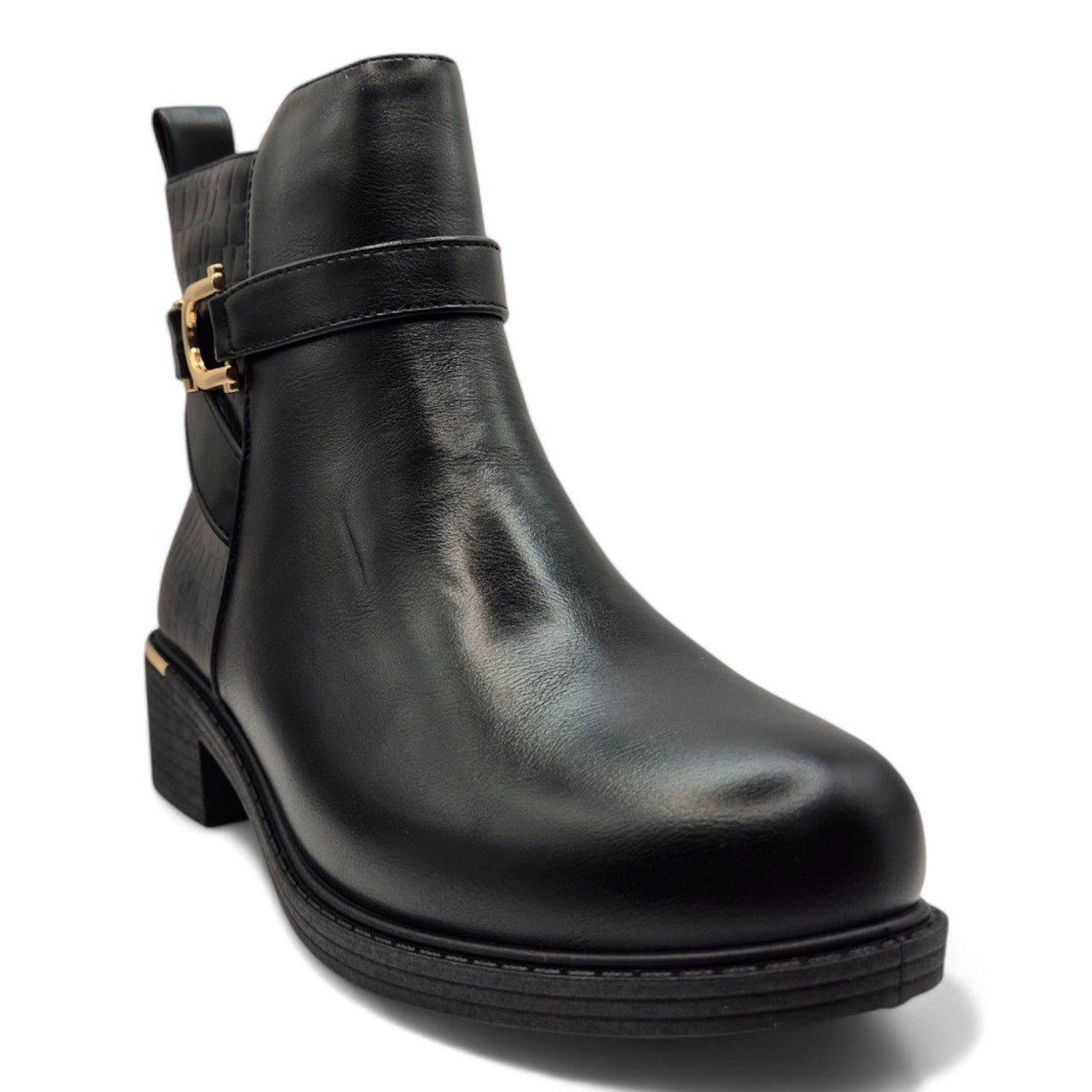 Women's Wide Fit Ankle Boot Gold Zip Contrast Black - Renna Clothing