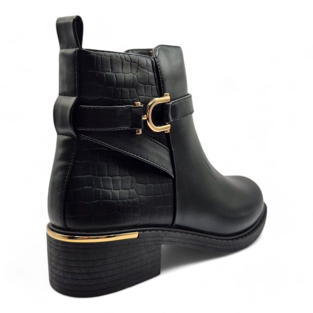 Women's Wide Fit Ankle Boot Gold Zip Contrast Black - Renna Clothing