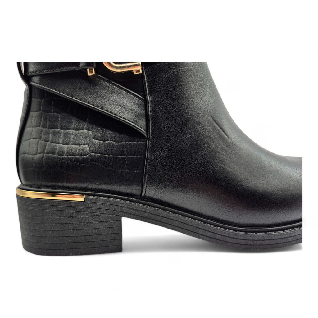 Women's Wide Fit Ankle Boot Gold Zip Contrast Black - Renna Clothing