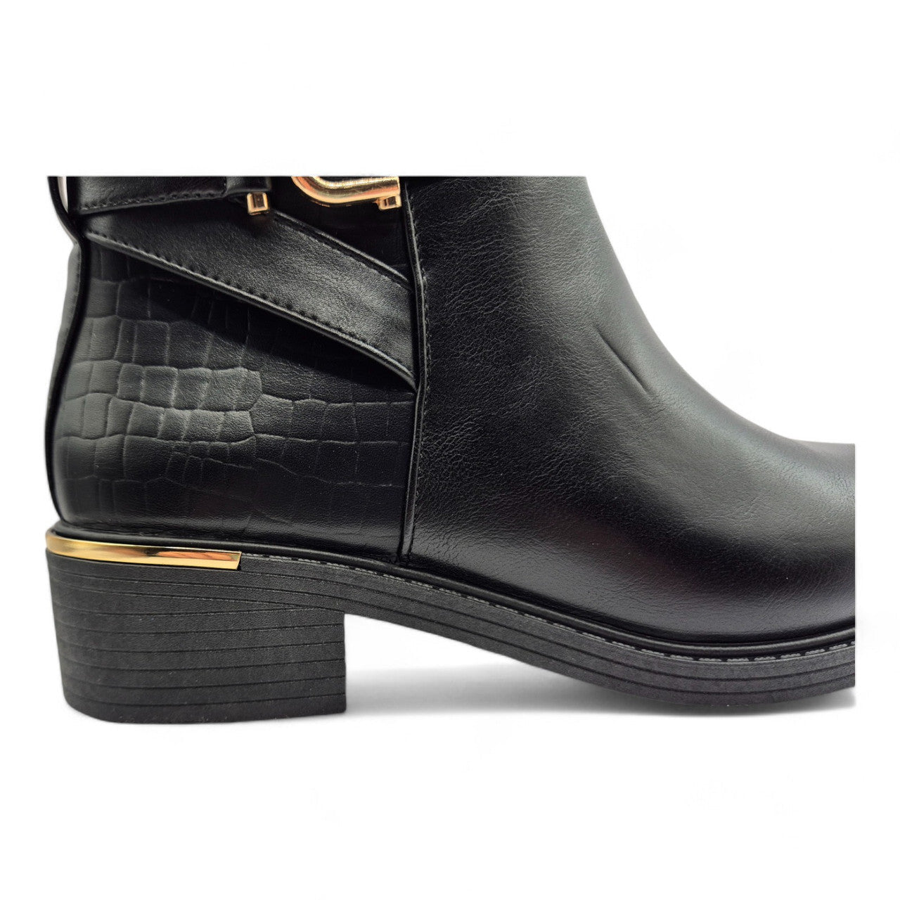 Women's Wide Fit Ankle Boot Gold Zip Contrast Black - Renna Clothing