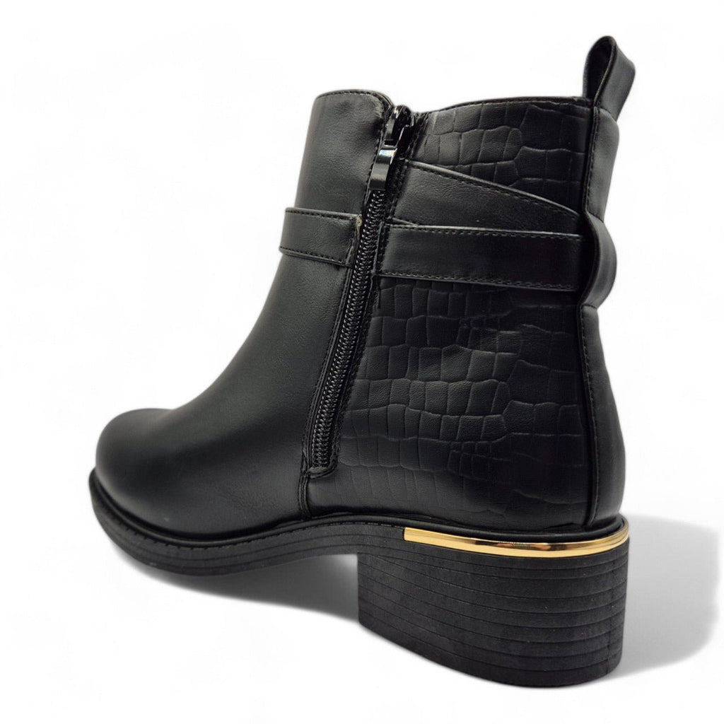 Women's Wide Fit Ankle Boot Gold Zip Contrast Black - Renna Clothing