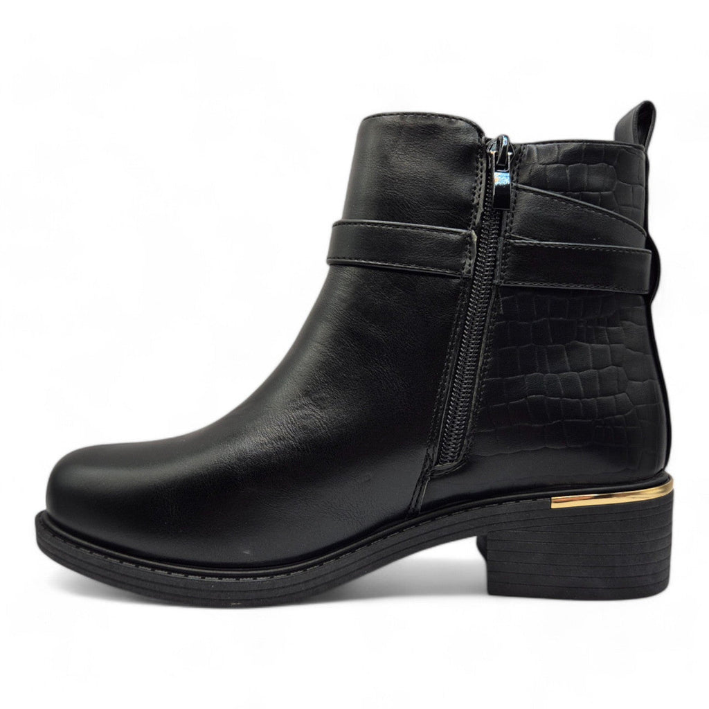 Women's Wide Fit Ankle Boot Gold Zip Contrast Black - Renna Clothing