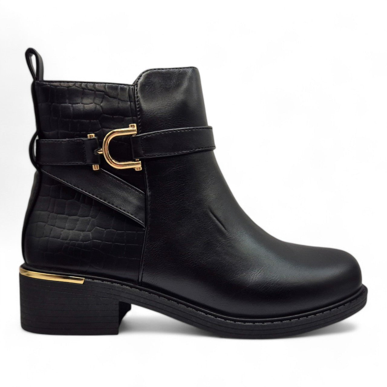Women's Wide Fit Ankle Boot Gold Zip Contrast Black - Renna Clothing