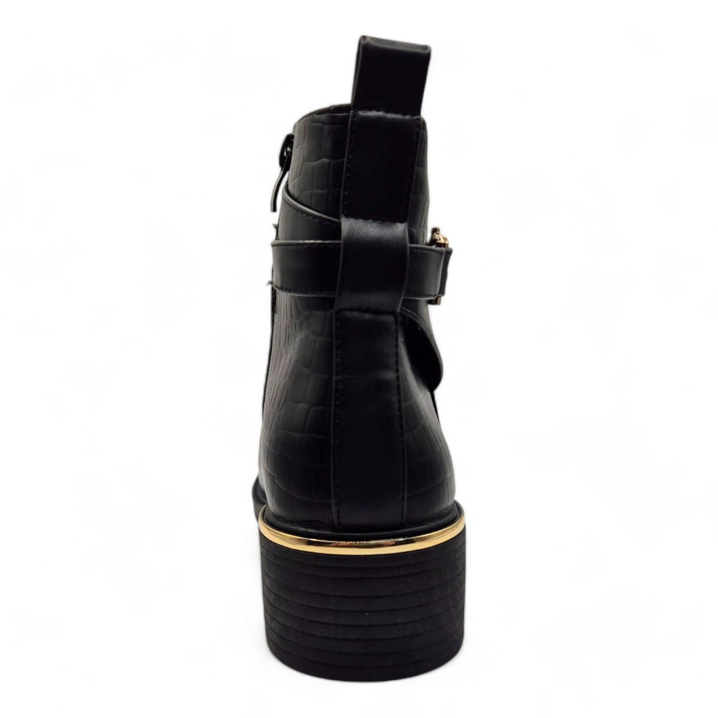 Women's Wide Fit Ankle Boot Gold Zip Contrast Black - Renna Clothing