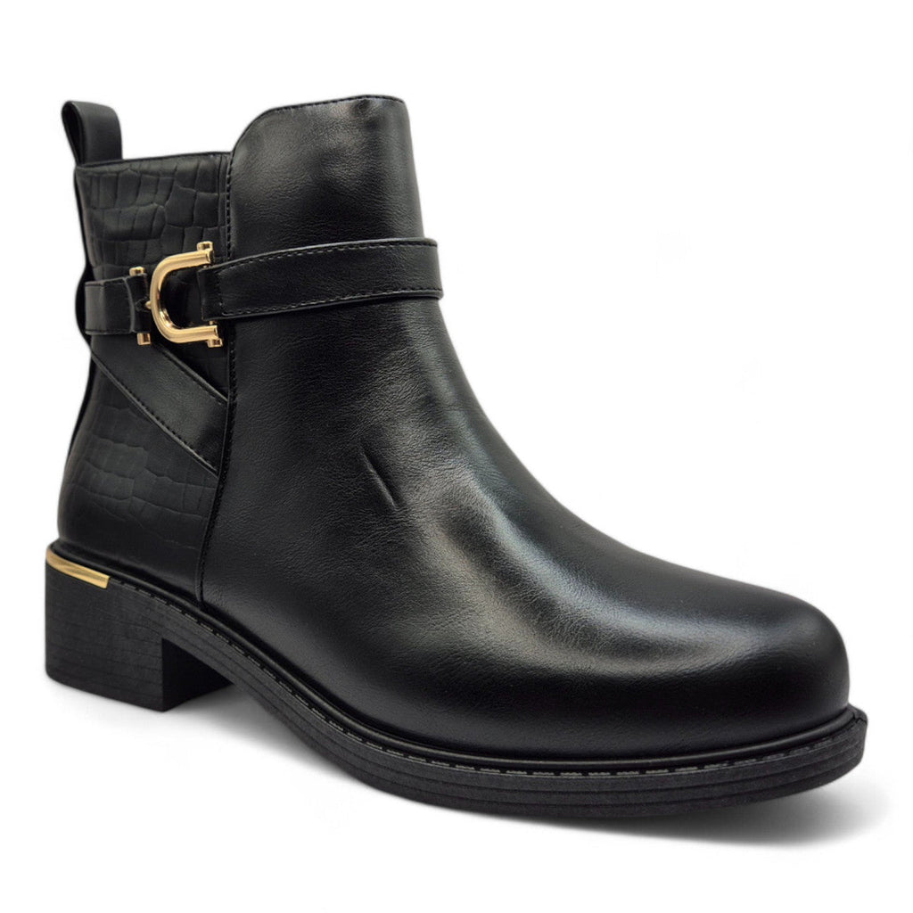 Women's Wide Fit Ankle Boot Gold Zip Contrast Black - Renna Clothing