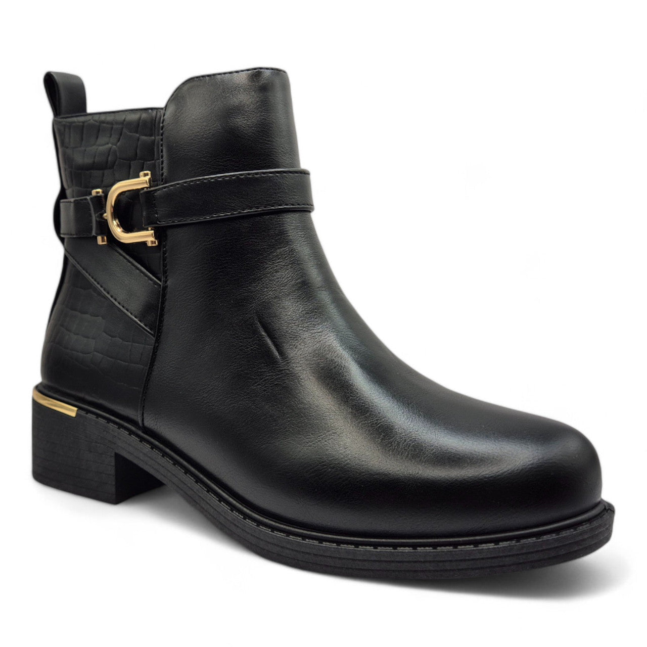 Women's Wide Fit Ankle Boot Gold Zip Contrast Black - Renna Clothing