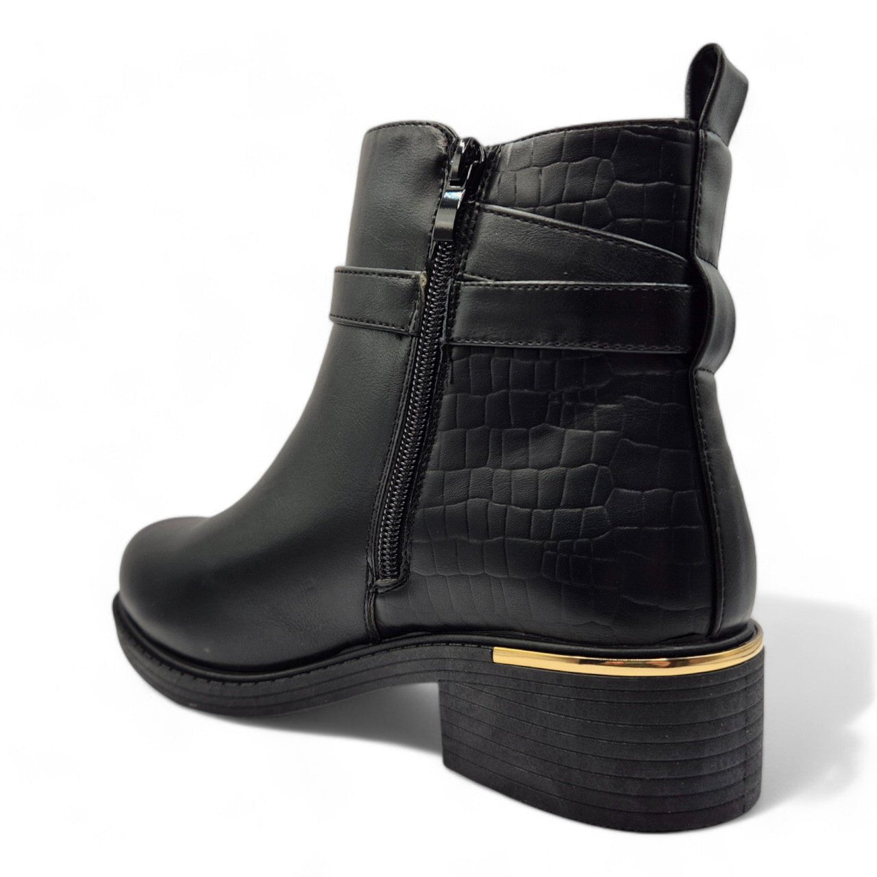 Women's Wide Fit Ankle Boot Gold Zip Contrast Black - Renna Clothing
