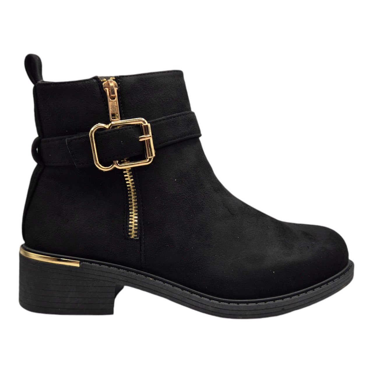 Women's Wide Fit Ankle Boot Gold Zip Faux Suede Black - Renna Clothing