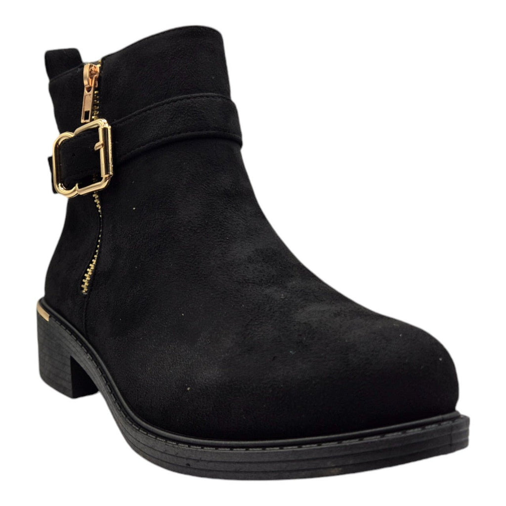Women's Wide Fit Ankle Boot Gold Zip Faux Suede Black - Renna Clothing