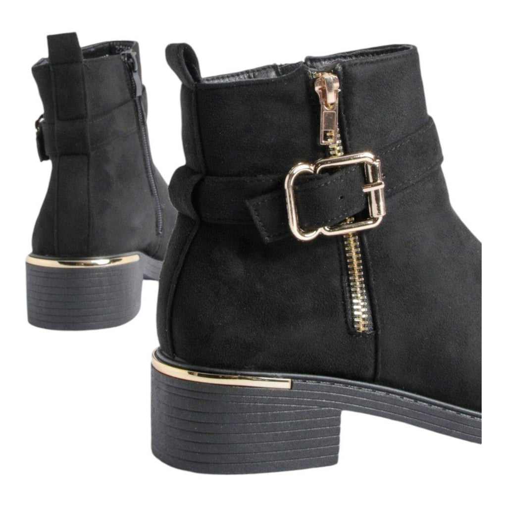 Women's Wide Fit Ankle Boot Gold Zip Faux Suede Black - Renna Clothing