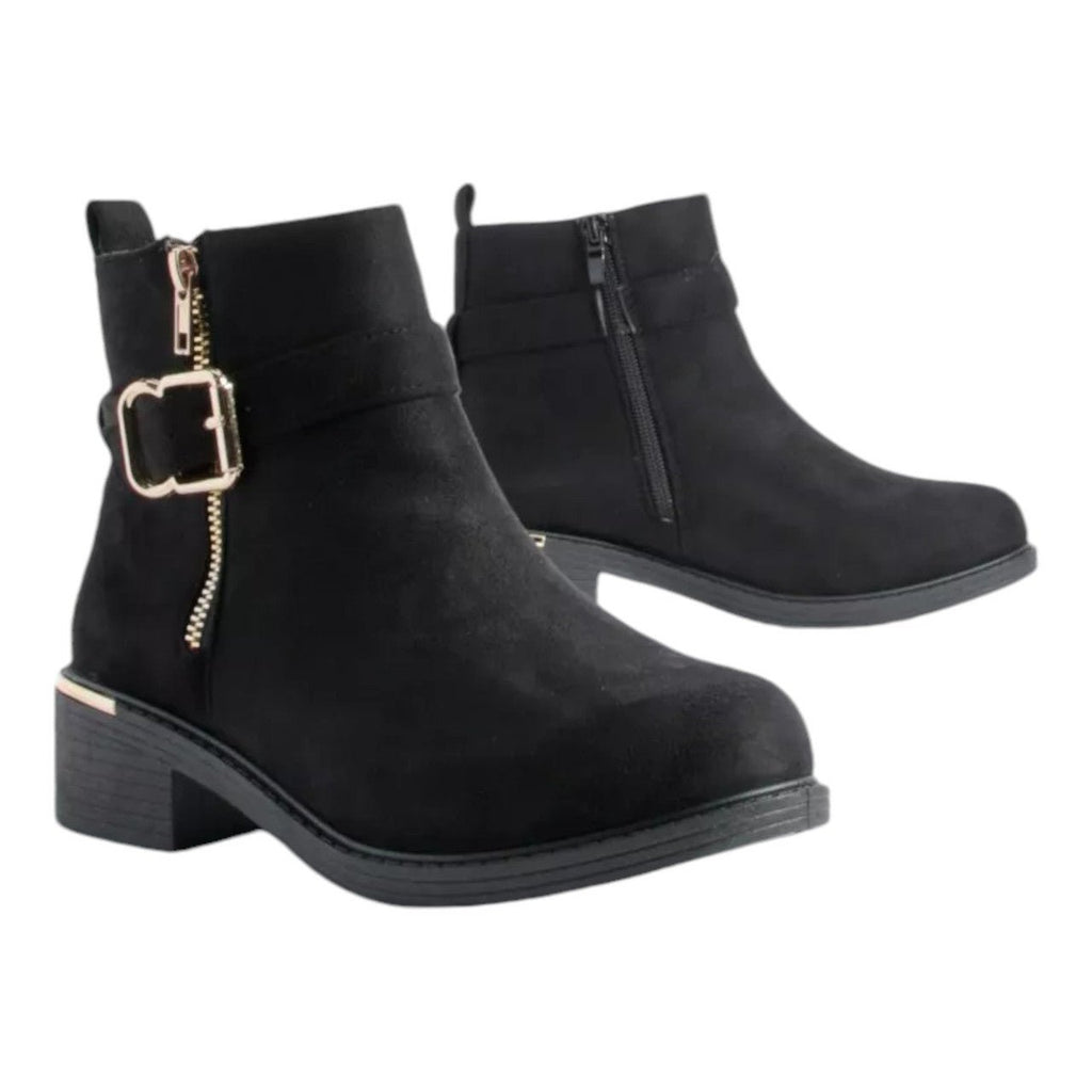 Women's Wide Fit Ankle Boot Gold Zip Faux Suede Black - Renna Clothing