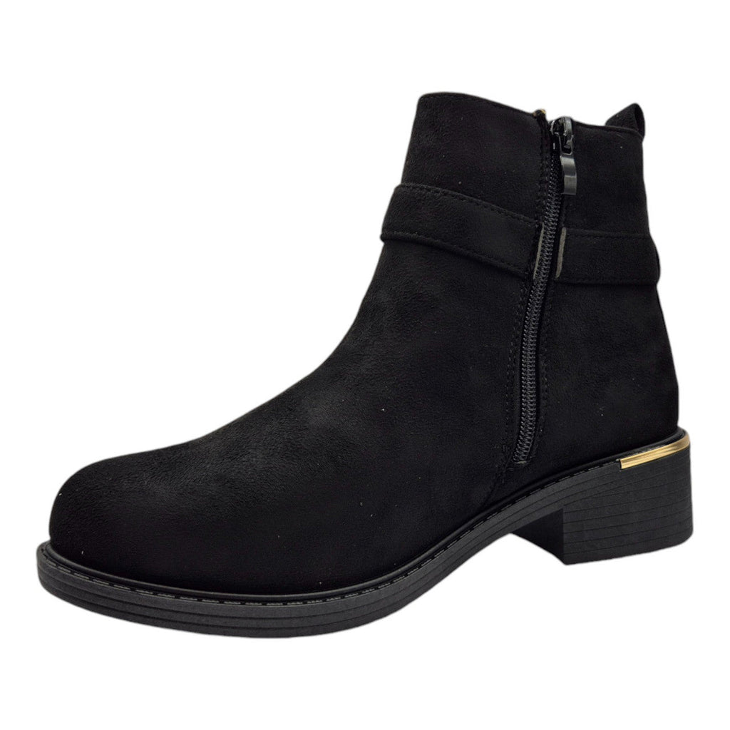 Women's Wide Fit Ankle Boot Gold Zip Faux Suede Black - Renna Clothing
