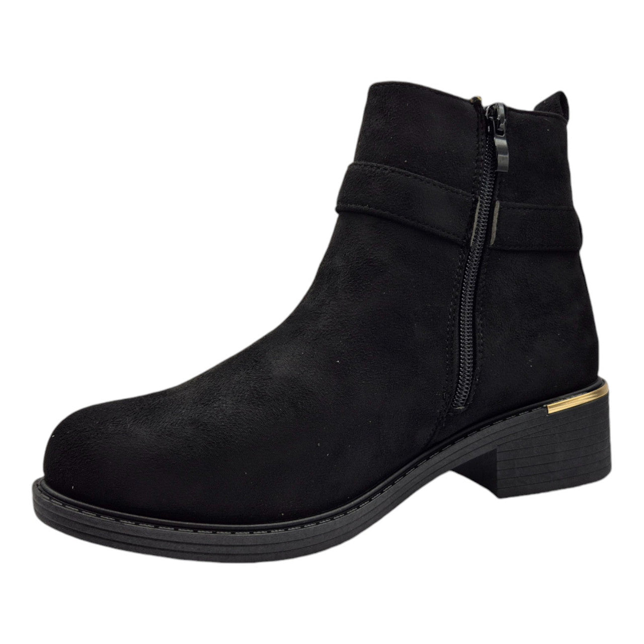 Women's Wide Fit Ankle Boot Gold Zip Faux Suede Black - Renna Clothing