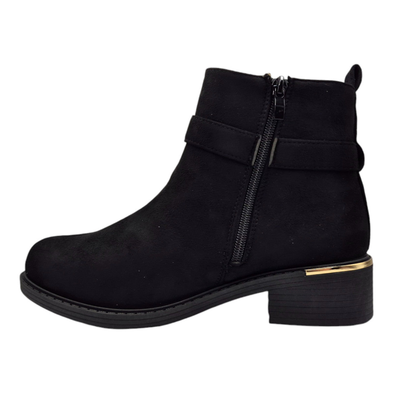 Women's Wide Fit Ankle Boot Gold Zip Faux Suede Black - Renna Clothing