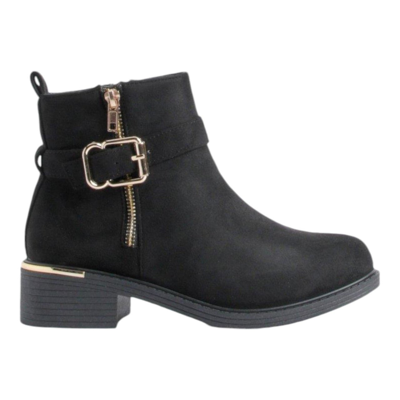 Women's Wide Fit Ankle Boot Gold Zip Faux Suede Black - Renna Clothing