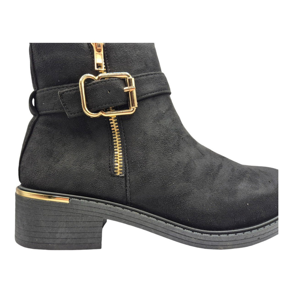Women's Wide Fit Ankle Boot Gold Zip Faux Suede Black - Renna Clothing