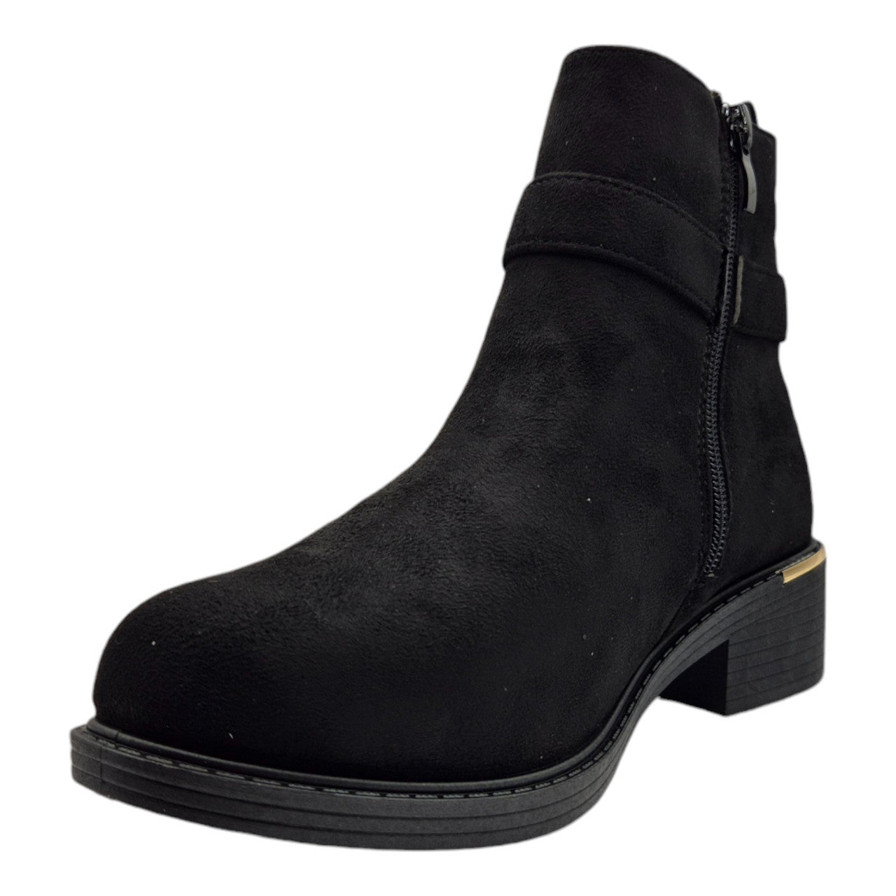 Women's Wide Fit Ankle Boot Gold Zip Faux Suede Black - Renna Clothing