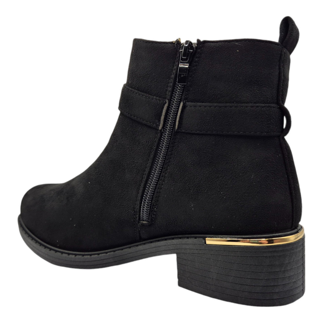Women's Wide Fit Ankle Boot Gold Zip Faux Suede Black - Renna Clothing