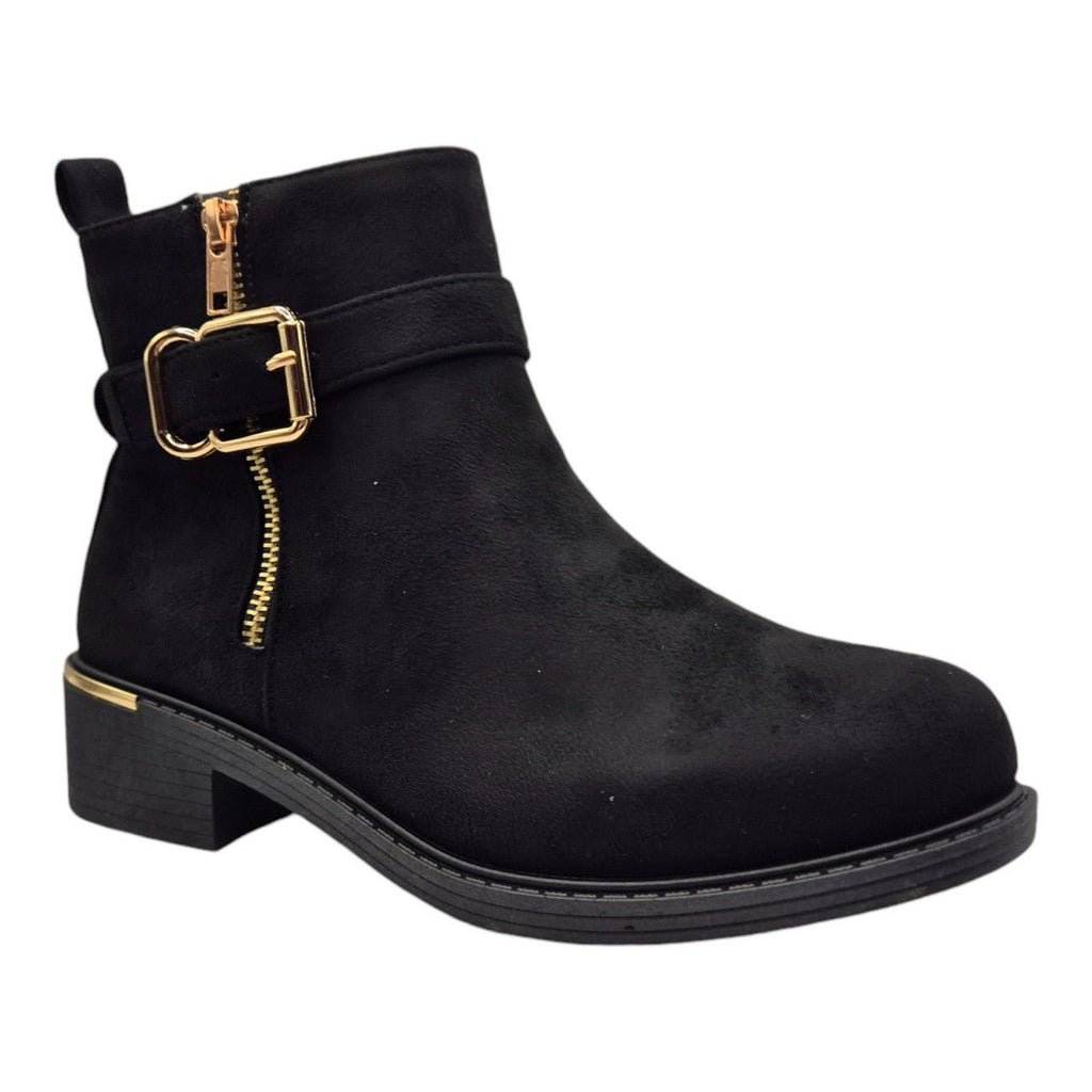 Women's Wide Fit Ankle Boot Gold Zip Faux Suede Black - Renna Clothing