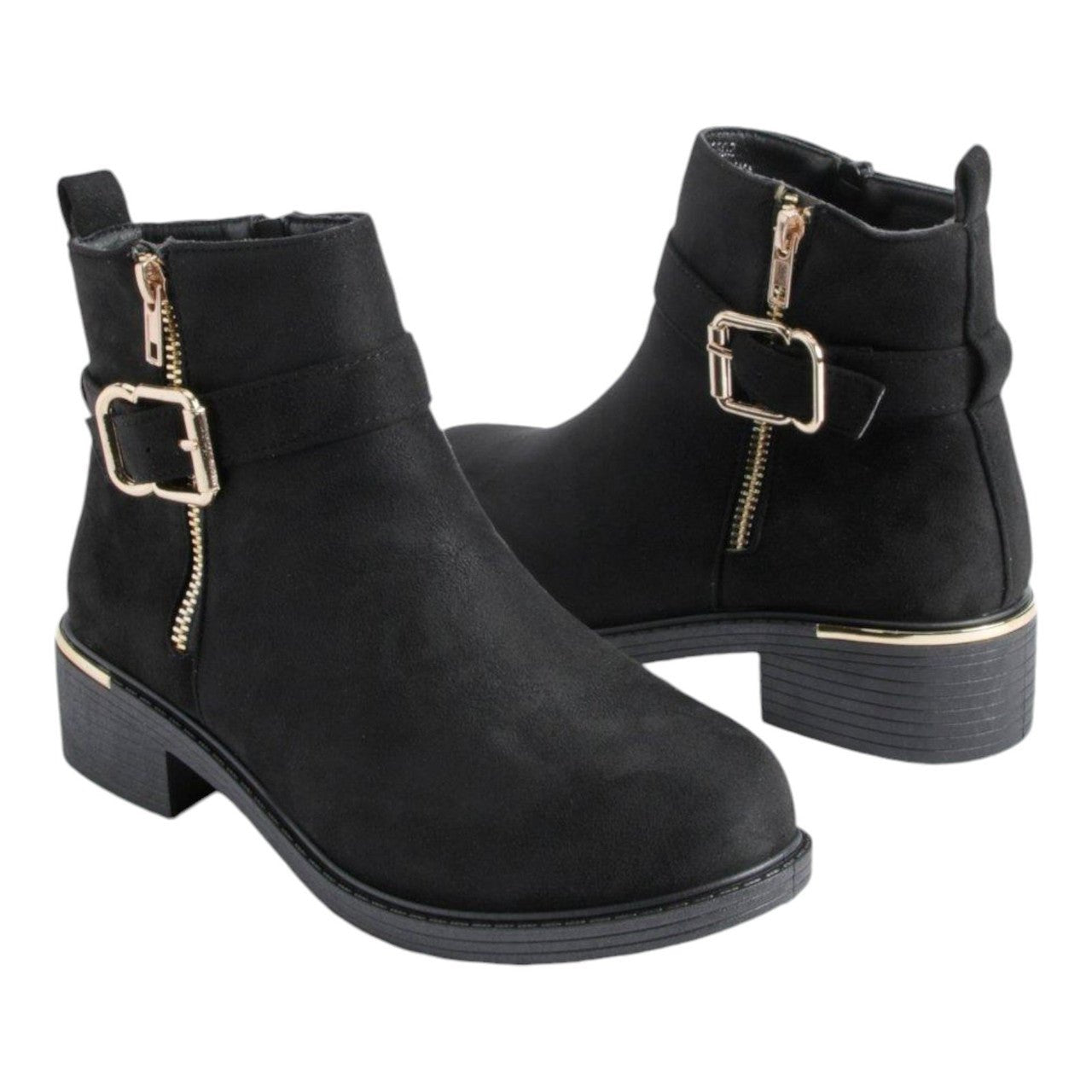 Women's Wide Fit Ankle Boot Gold Zip Faux Suede Black - Renna Clothing