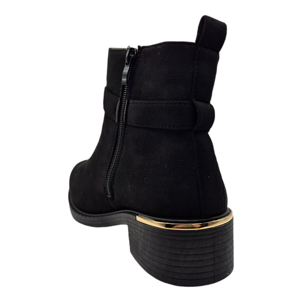 Women's Wide Fit Ankle Boot Gold Zip Faux Suede Black - Renna Clothing