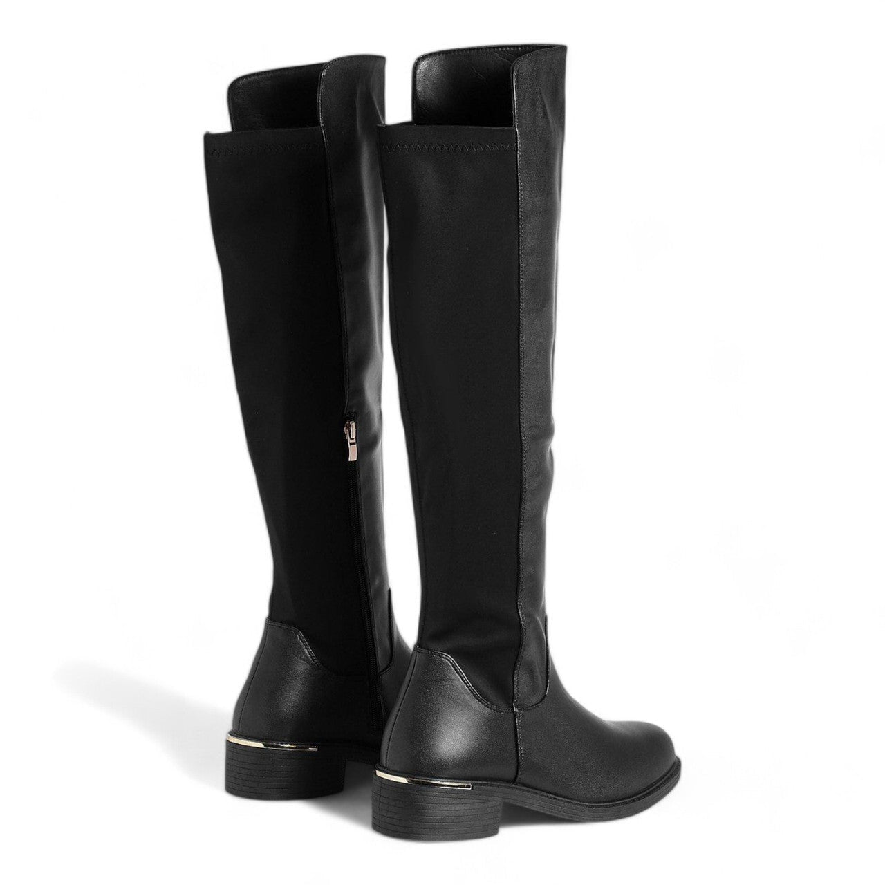 Women's Wide Fit Faux Leather Lycra Stretch Knee High Riding Boot Black - Renna Clothing