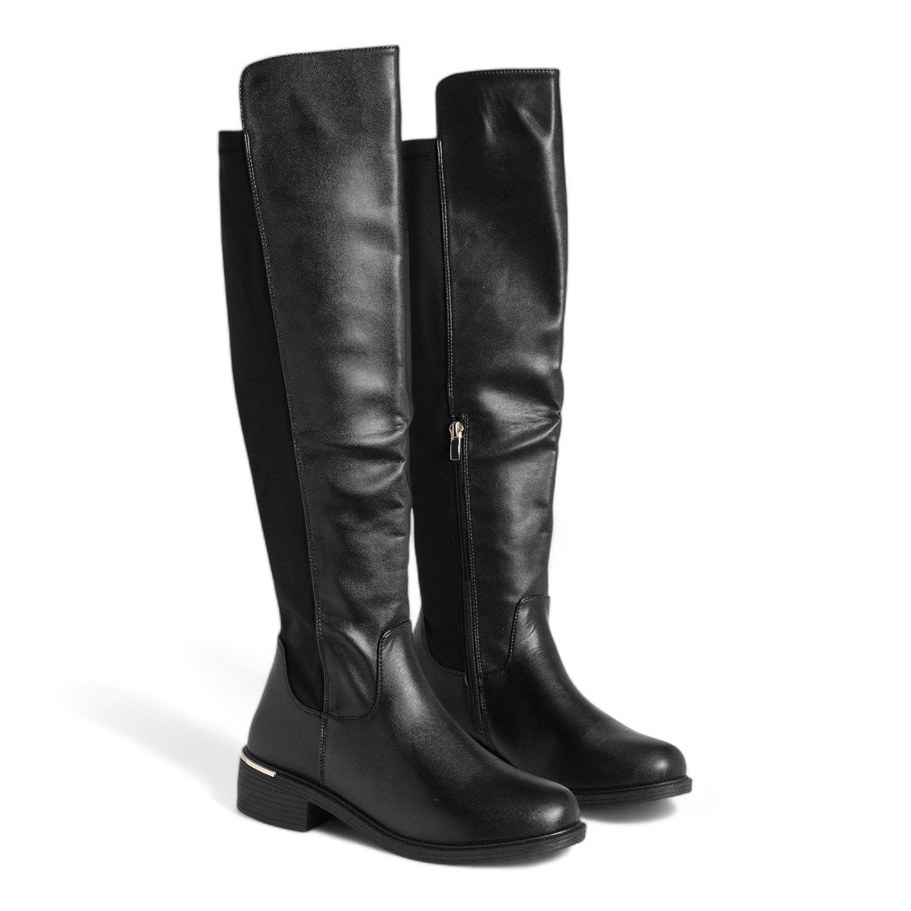 Women's Wide Fit Faux Leather Lycra Stretch Knee High Riding Boot Black - Renna Clothing