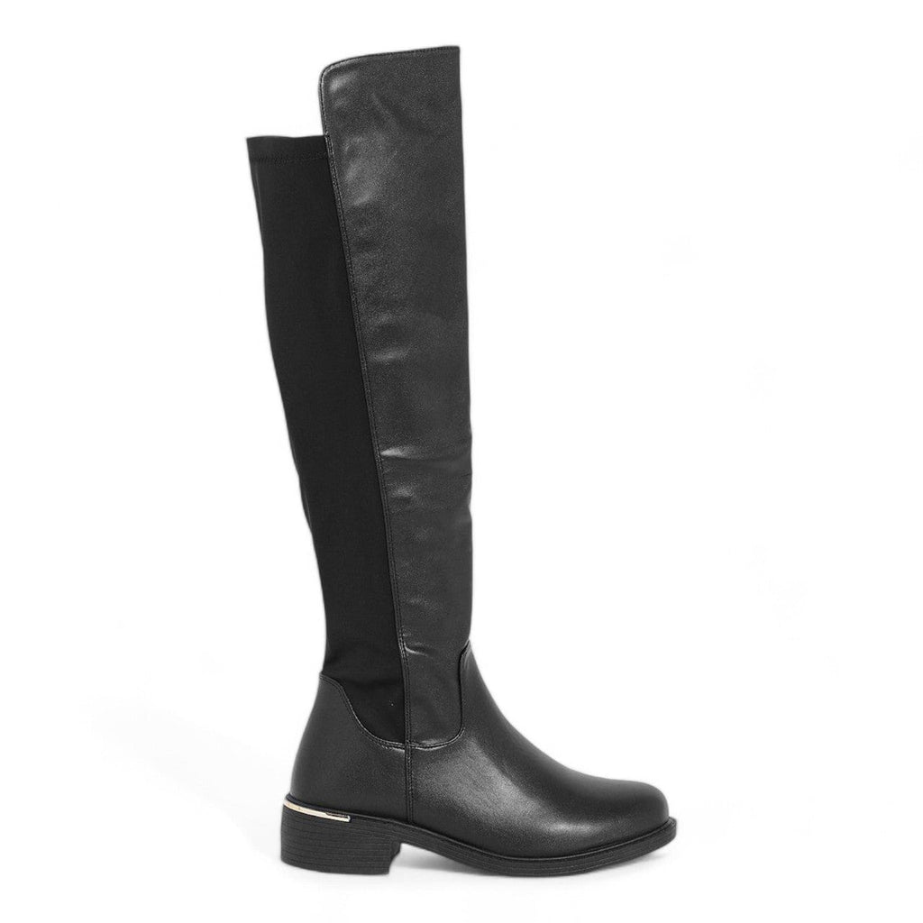 Women's Wide Fit Faux Leather Lycra Stretch Knee High Riding Boot Black - Renna Clothing