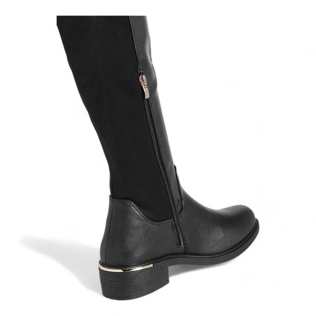 Women's Wide Fit Faux Leather Lycra Stretch Knee High Riding Boot Black - Renna Clothing