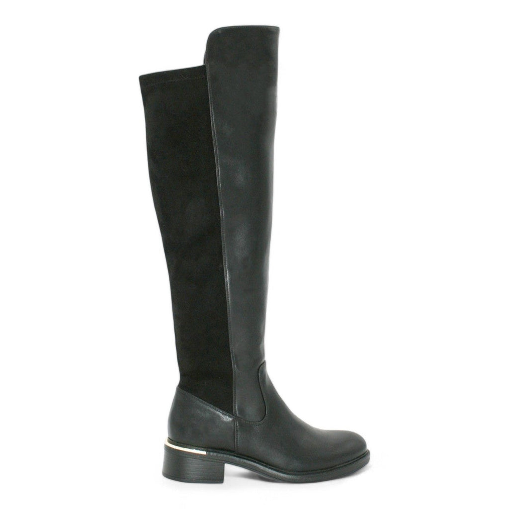Women's Wide Fit Faux Leather Lycra Stretch Knee High Riding Boot Black - Renna Clothing